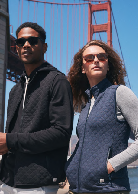 Marine Layer quilted vests on two models